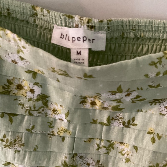 Pleated Tiered Midi Floral Dress Puff Sleeves Medium Mint - Picture 3 of 7